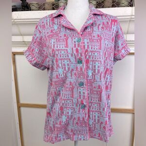 BedHead VTG NYC Print Pink and Blue PJ  Top skyline, Statue of Liberty, & cat